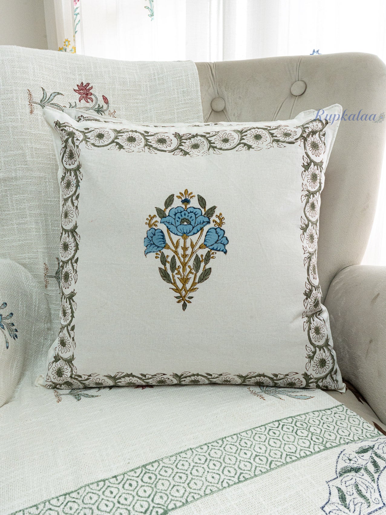 Pink Meadow Hand Block Printed Cushion Cover (16x16 Inches)