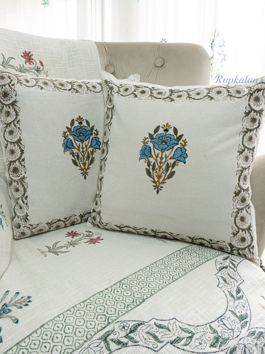 Pink Meadow Hand Block Printed Cushion Cover (16x16 Inches)