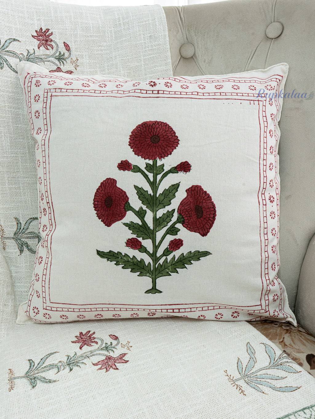 Sindoor Gul Hand Block Printed Cushion Cover (16x16 Inches)