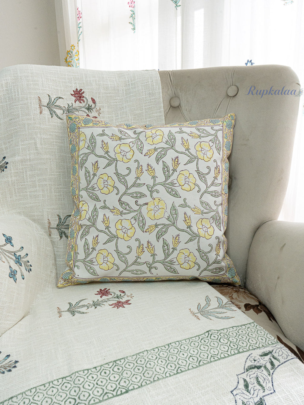 Golden Vines Hand Block Printed Cushion Cover (16x16 Inches)