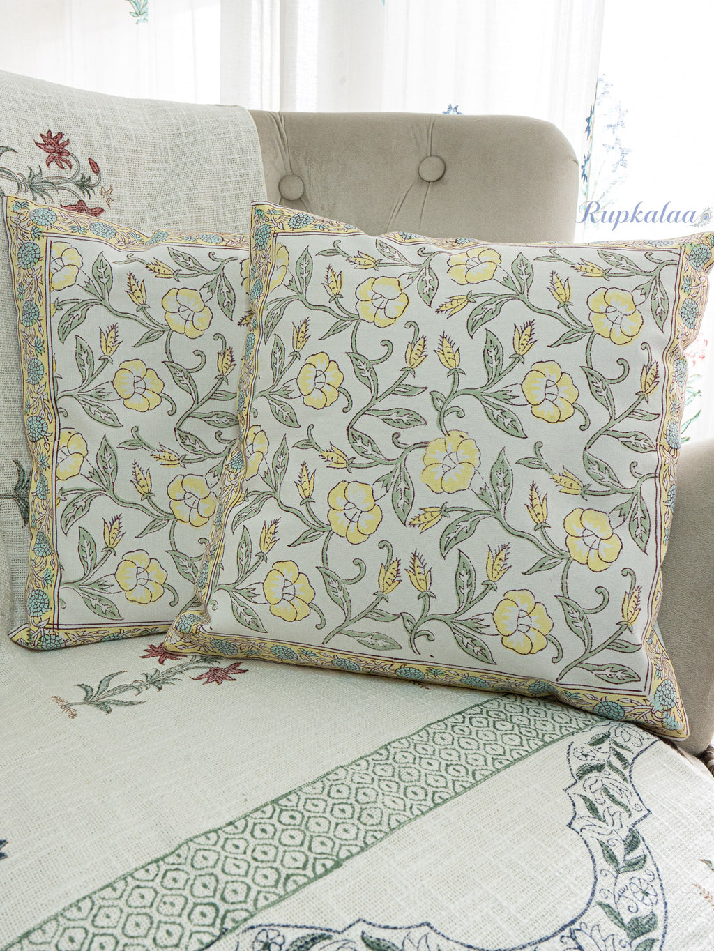 Golden Vines Hand Block Printed Cushion Cover (16x16 Inches)