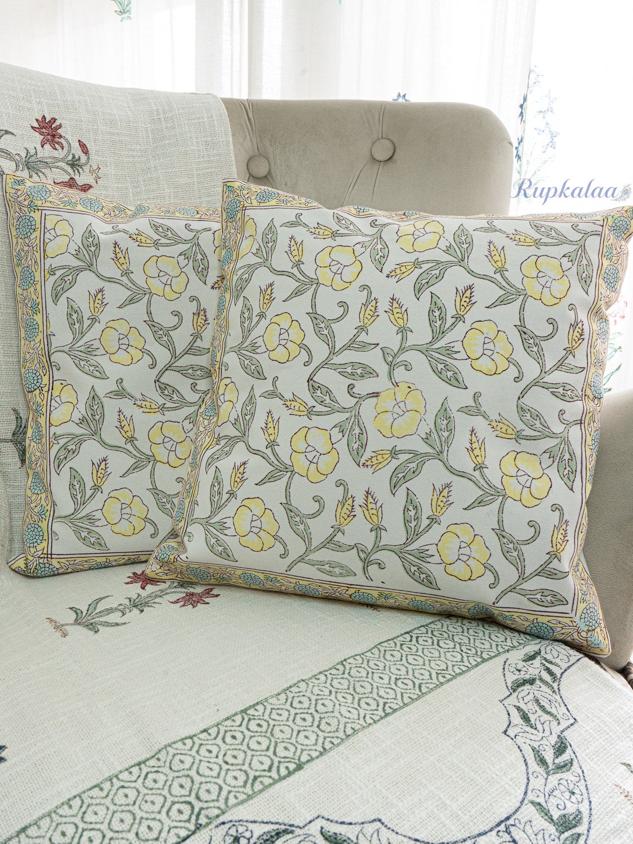 Golden Vines Hand Block Printed Cushion Cover (16x16 Inches)