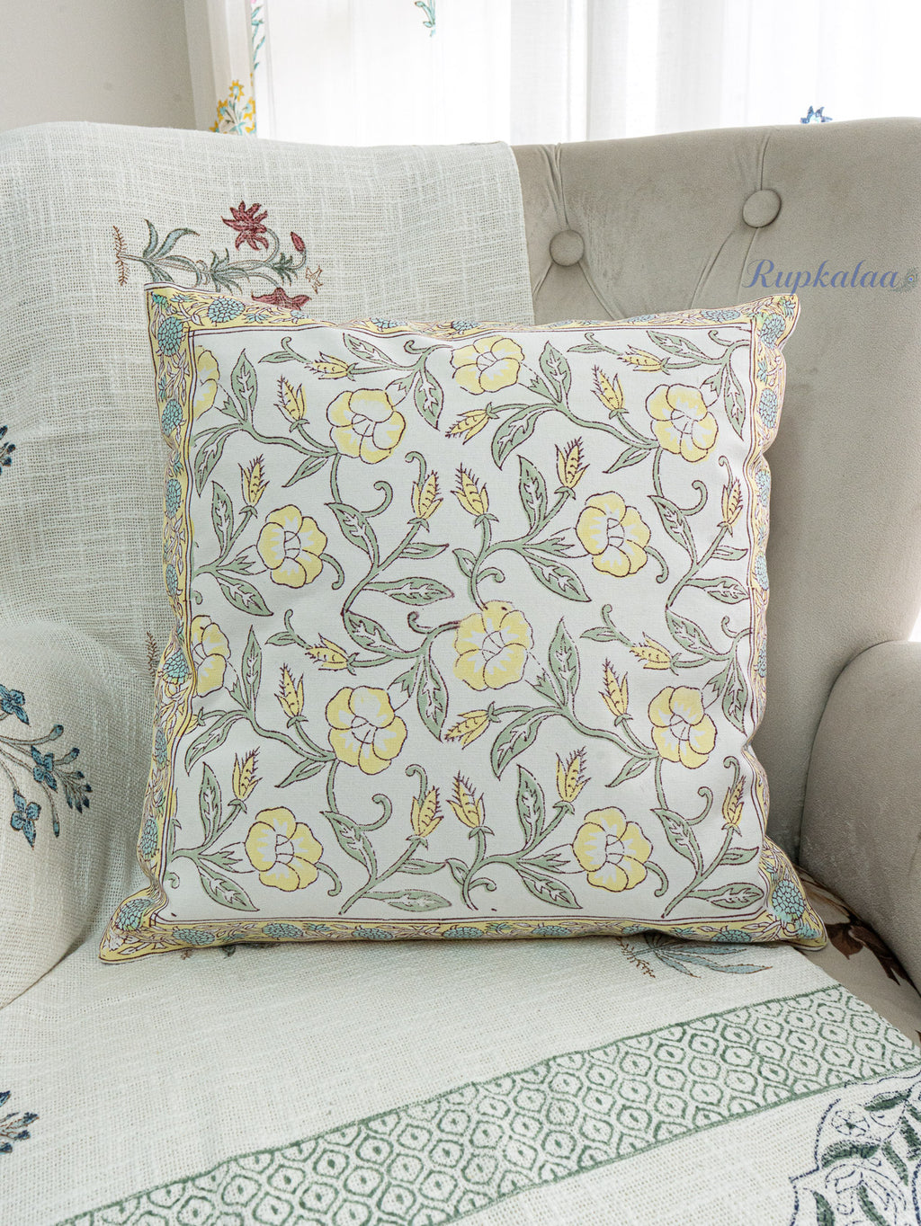 Golden Vines Hand Block Printed Cushion Cover (16x16 Inches)