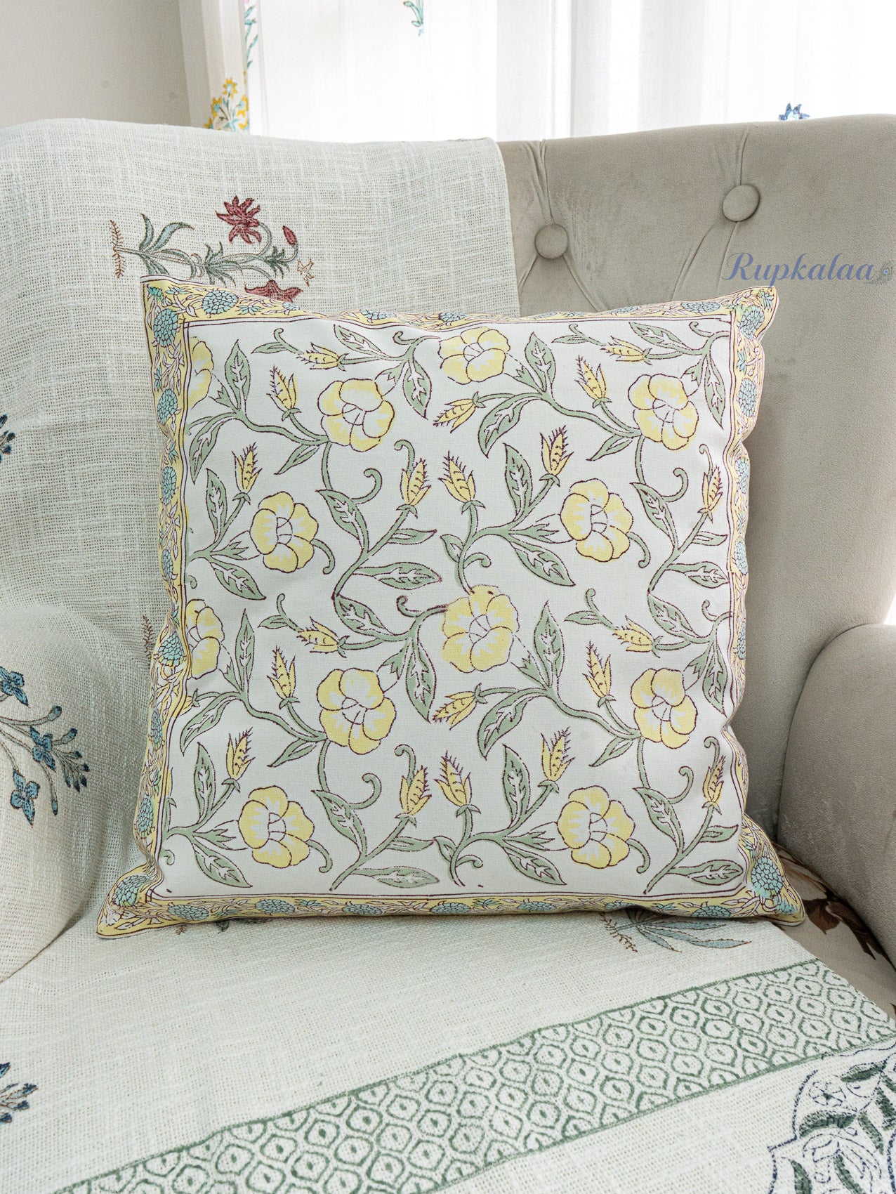Golden Vines Hand Block Printed Cushion Cover (16x16 Inches)