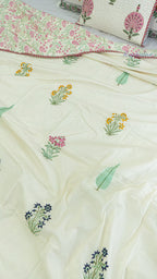 Moonlit Blooms Double Bed Mulmul Dohar (Cream Base)