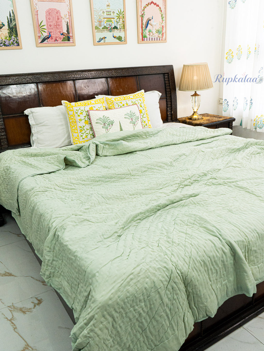 Soft Sage Reversible Mulmul Double Bed Quilt