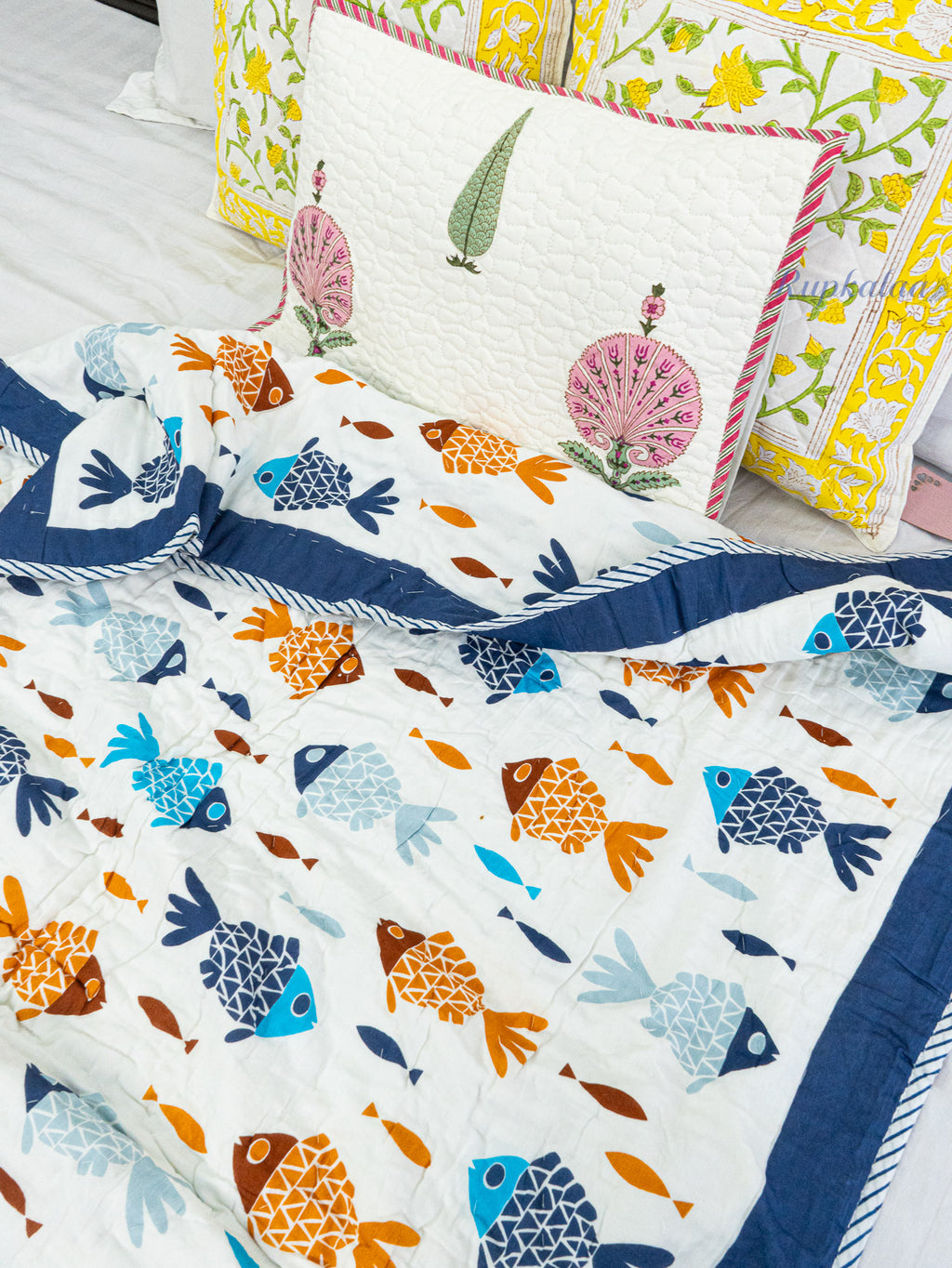 Soft Ripples Hand Block Reversible Mulmul Baby Quilt
