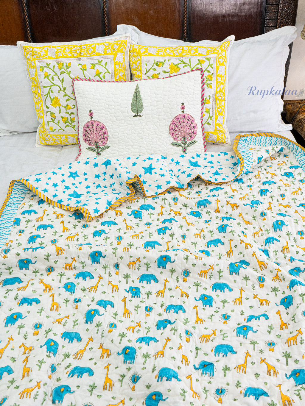 Jolly Dinos Hand Block Reversible Mulmul Baby Quilt