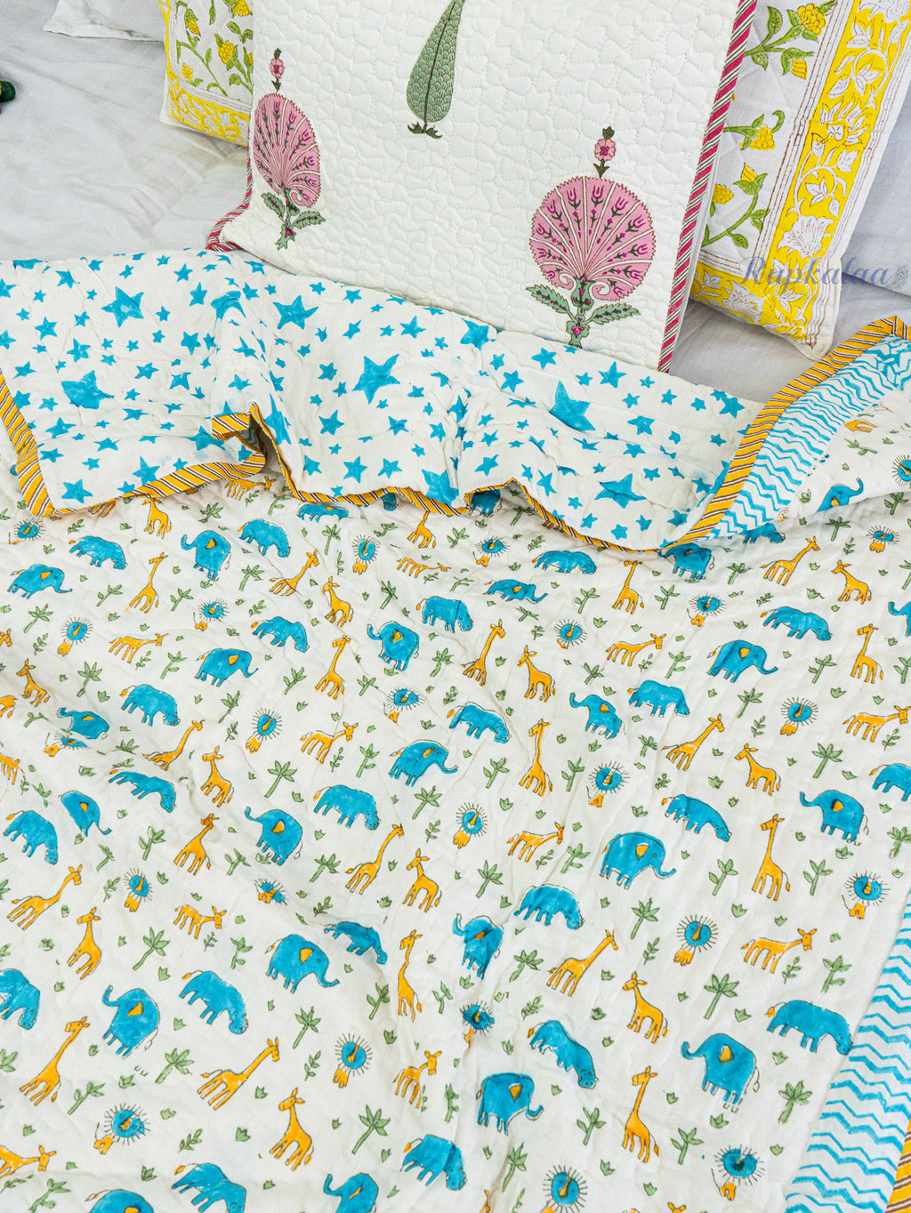 Jolly Dinos Hand Block Reversible Mulmul Baby Quilt