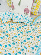 Jolly Dinos Hand Block Reversible Mulmul Baby Quilt