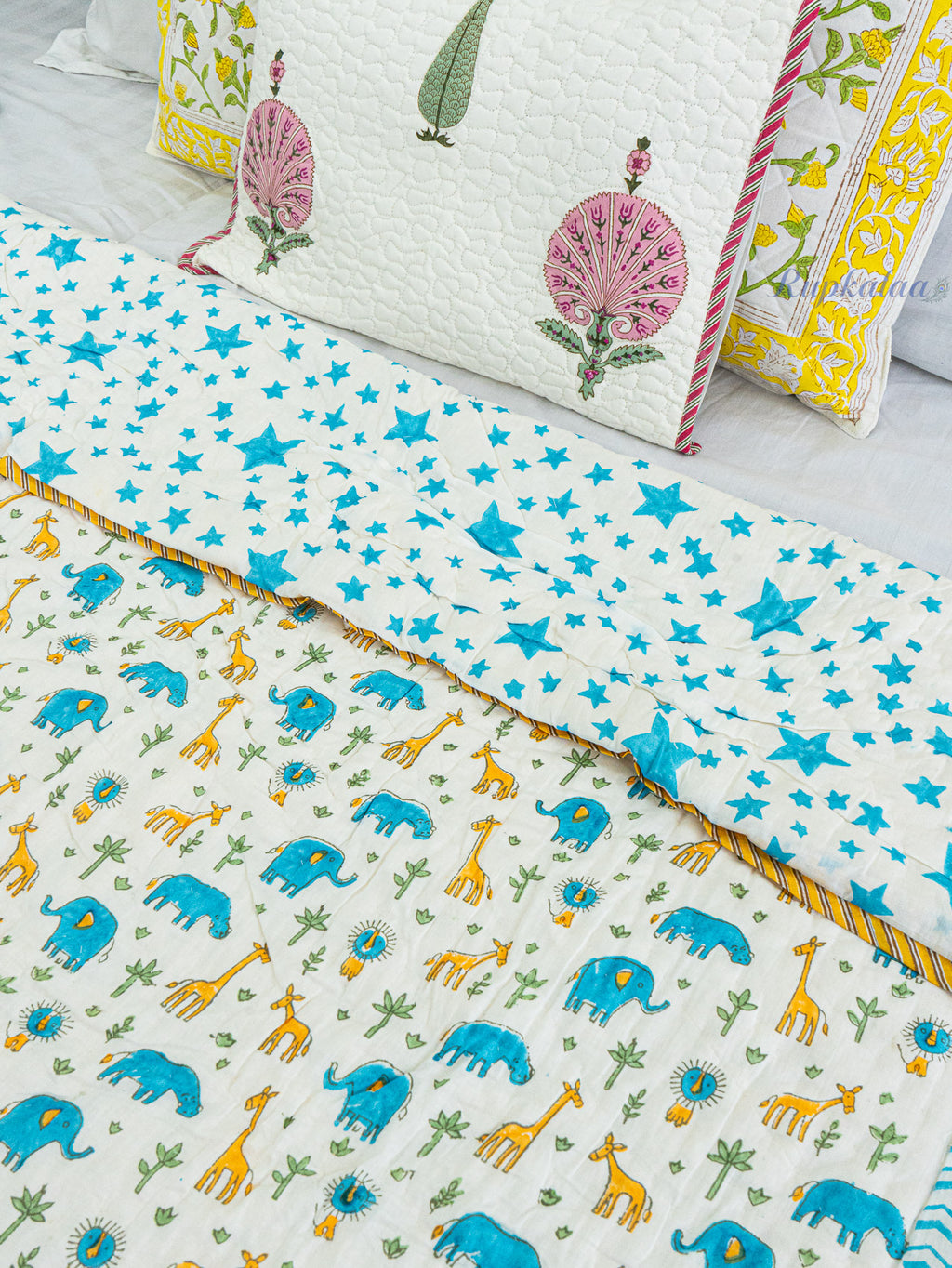 Jolly Dinos Hand Block Reversible Mulmul Baby Quilt
