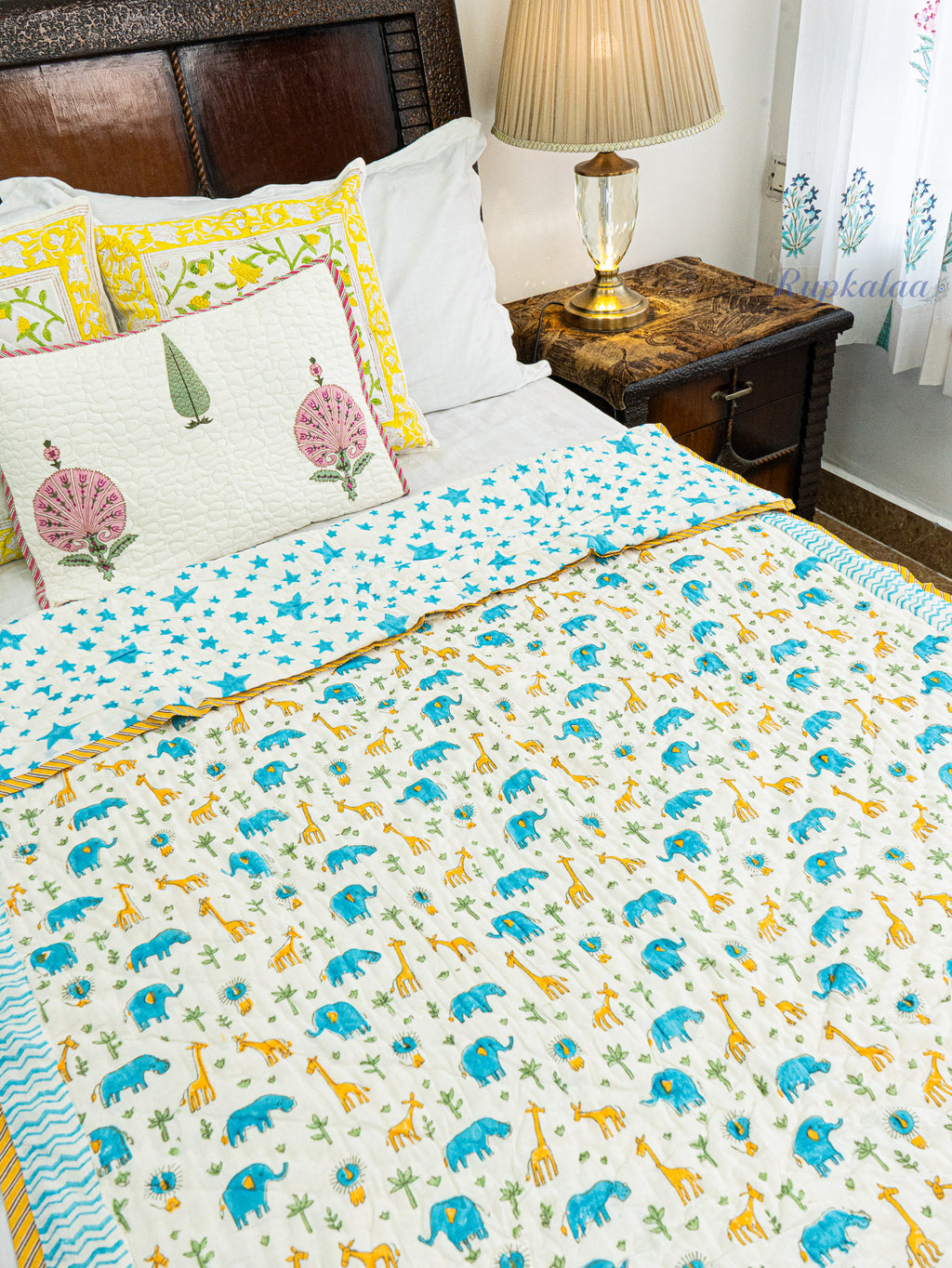 Jolly Dinos Hand Block Reversible Mulmul Baby Quilt