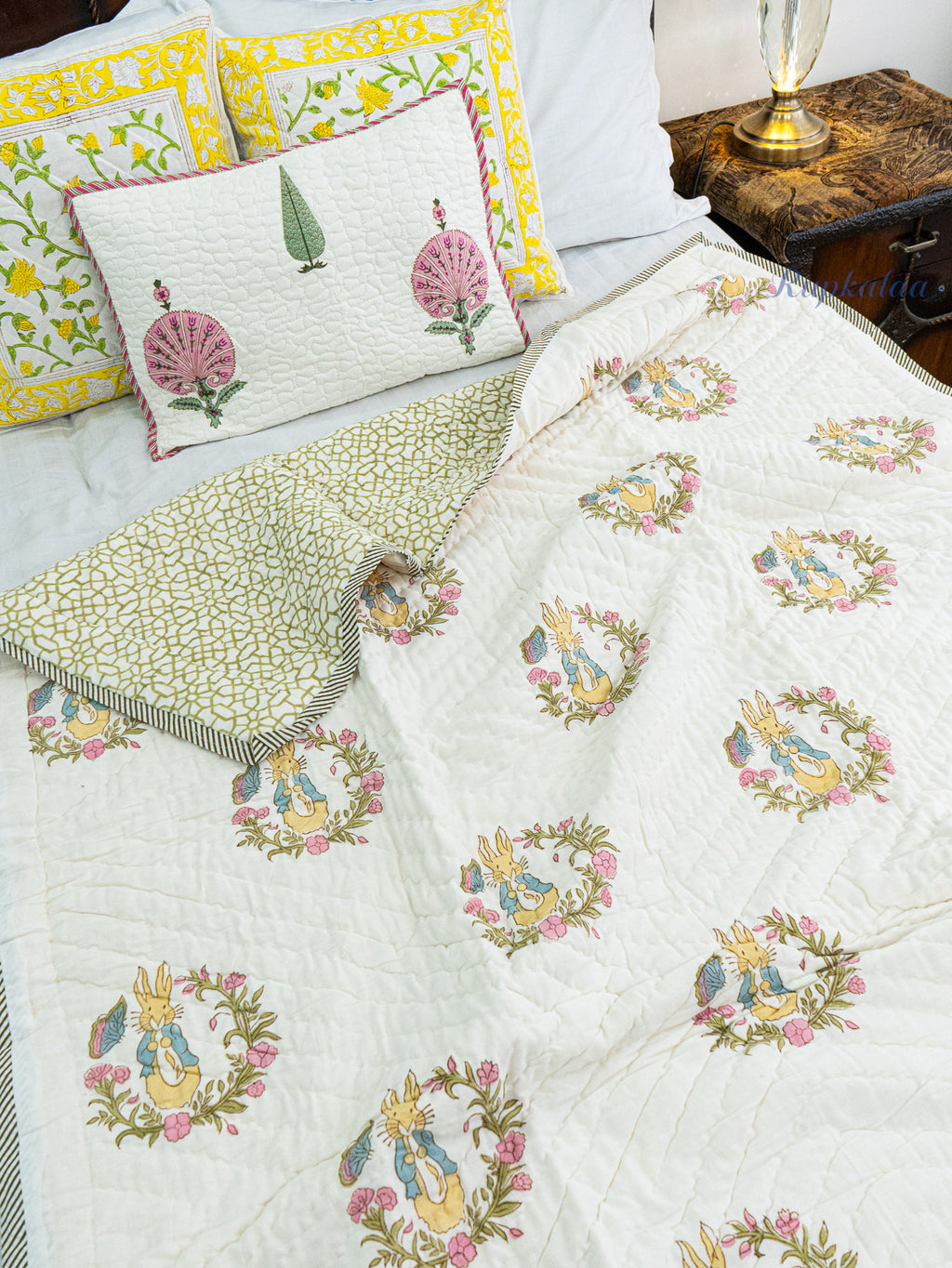 Sleepy Hoppers Hand Block Reversible Mulmul Baby Quilt