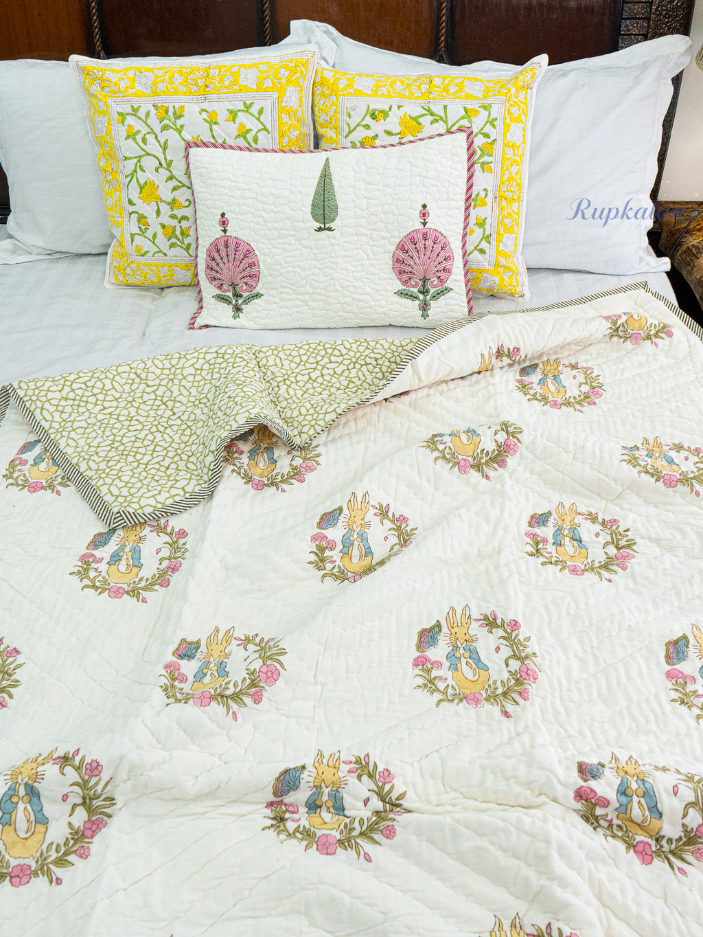 Sleepy Hoppers Hand Block Reversible Mulmul Baby Quilt