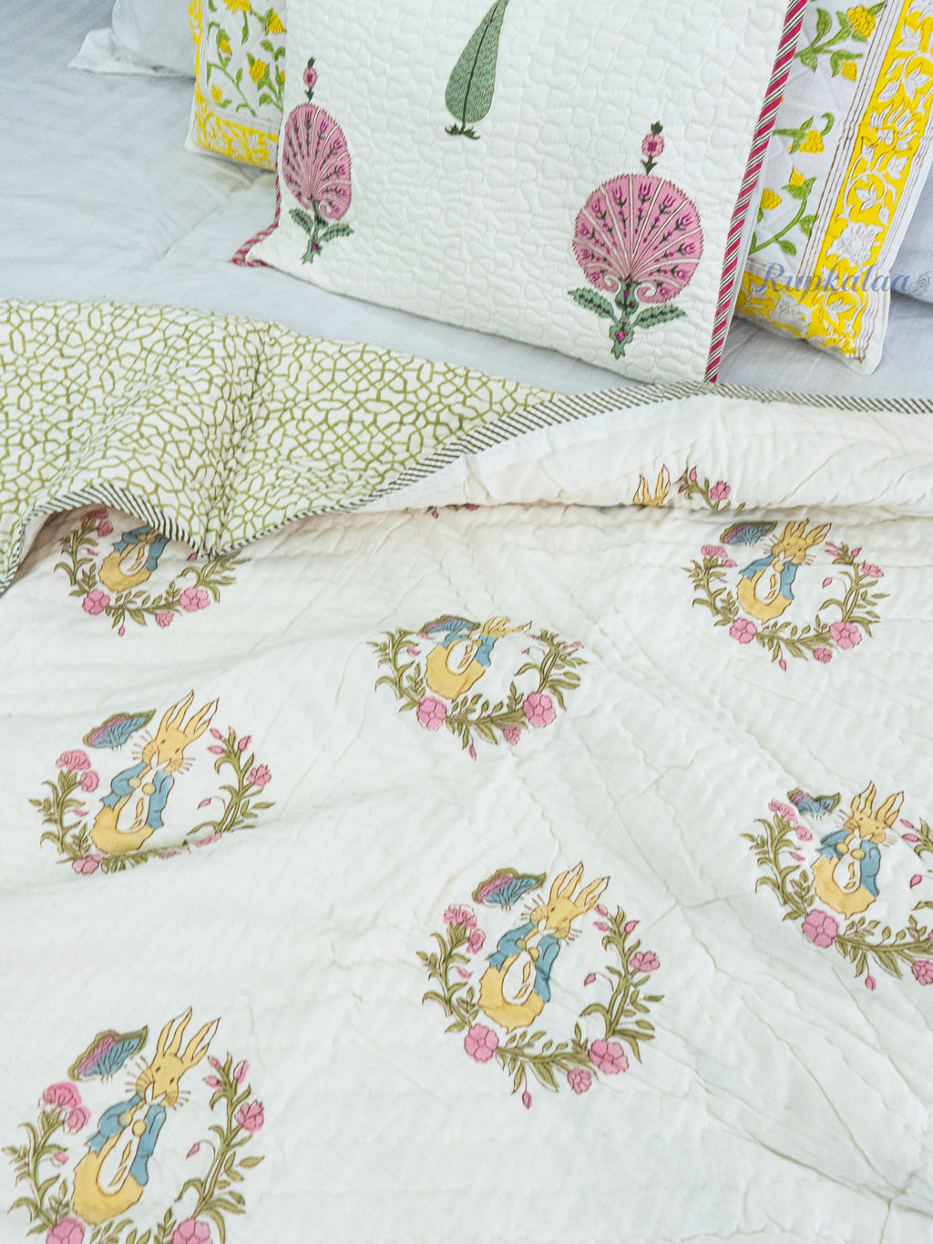 Sleepy Hoppers Hand Block Reversible Mulmul Baby Quilt