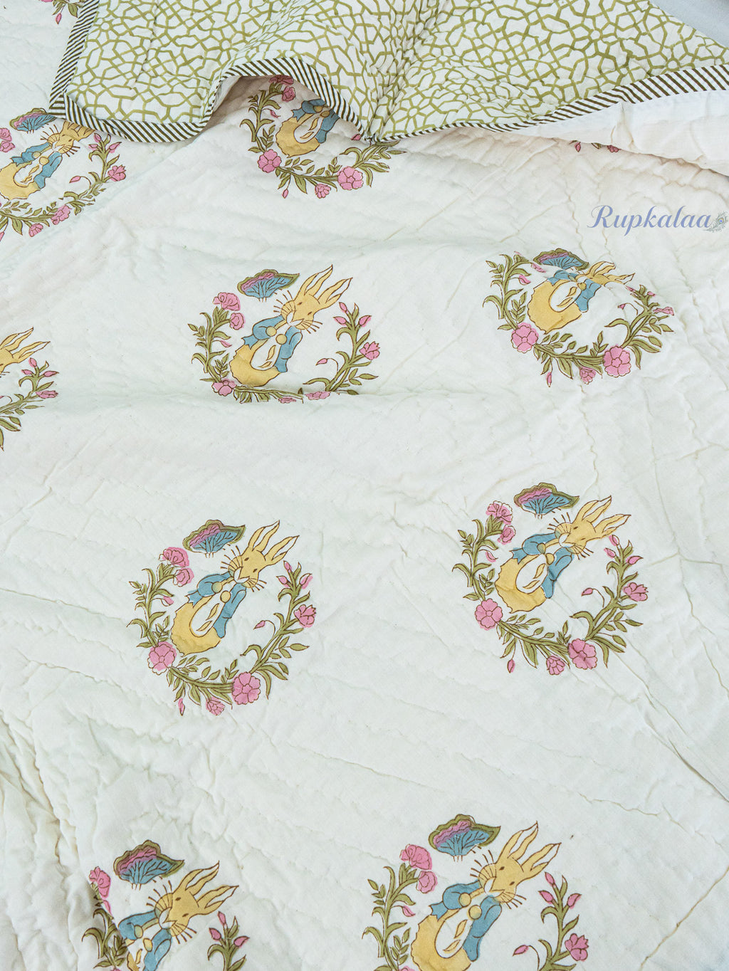 Sleepy Hoppers Hand Block Reversible Mulmul Baby Quilt