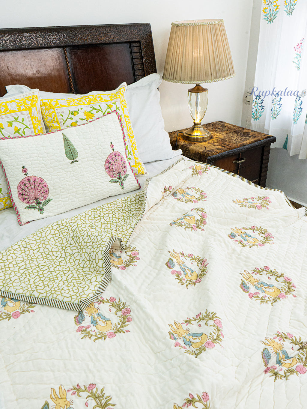 Sleepy Hoppers Hand Block Reversible Mulmul Baby Quilt