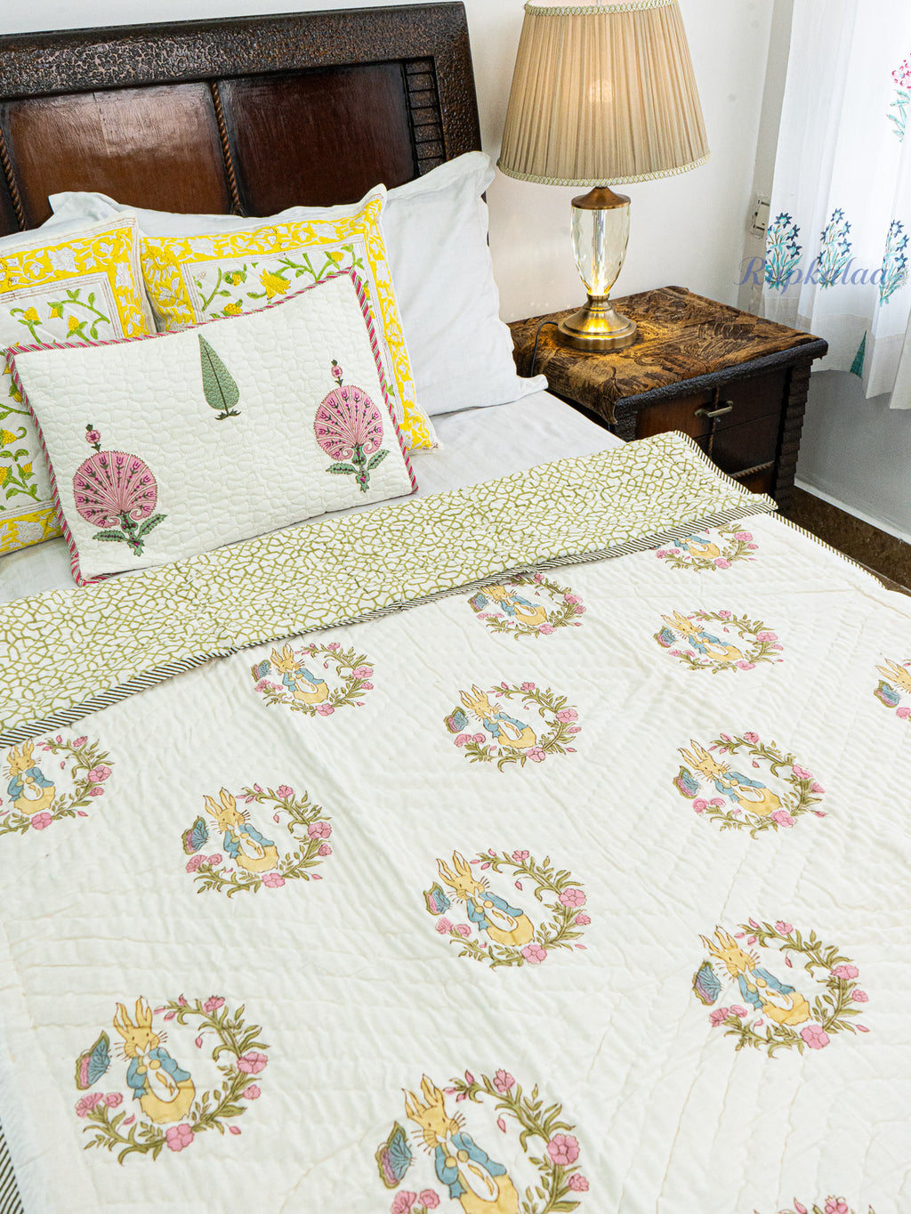 Sleepy Hoppers Hand Block Reversible Mulmul Baby Quilt
