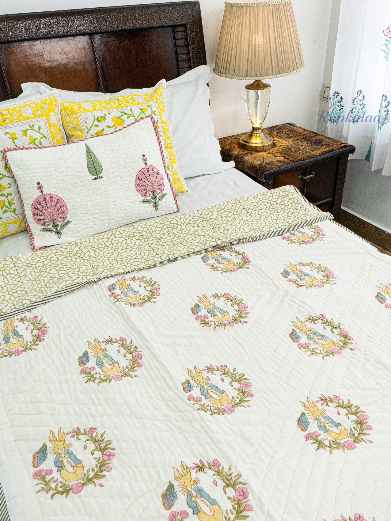 Sleepy Hoppers Hand Block Reversible Mulmul Baby Quilt