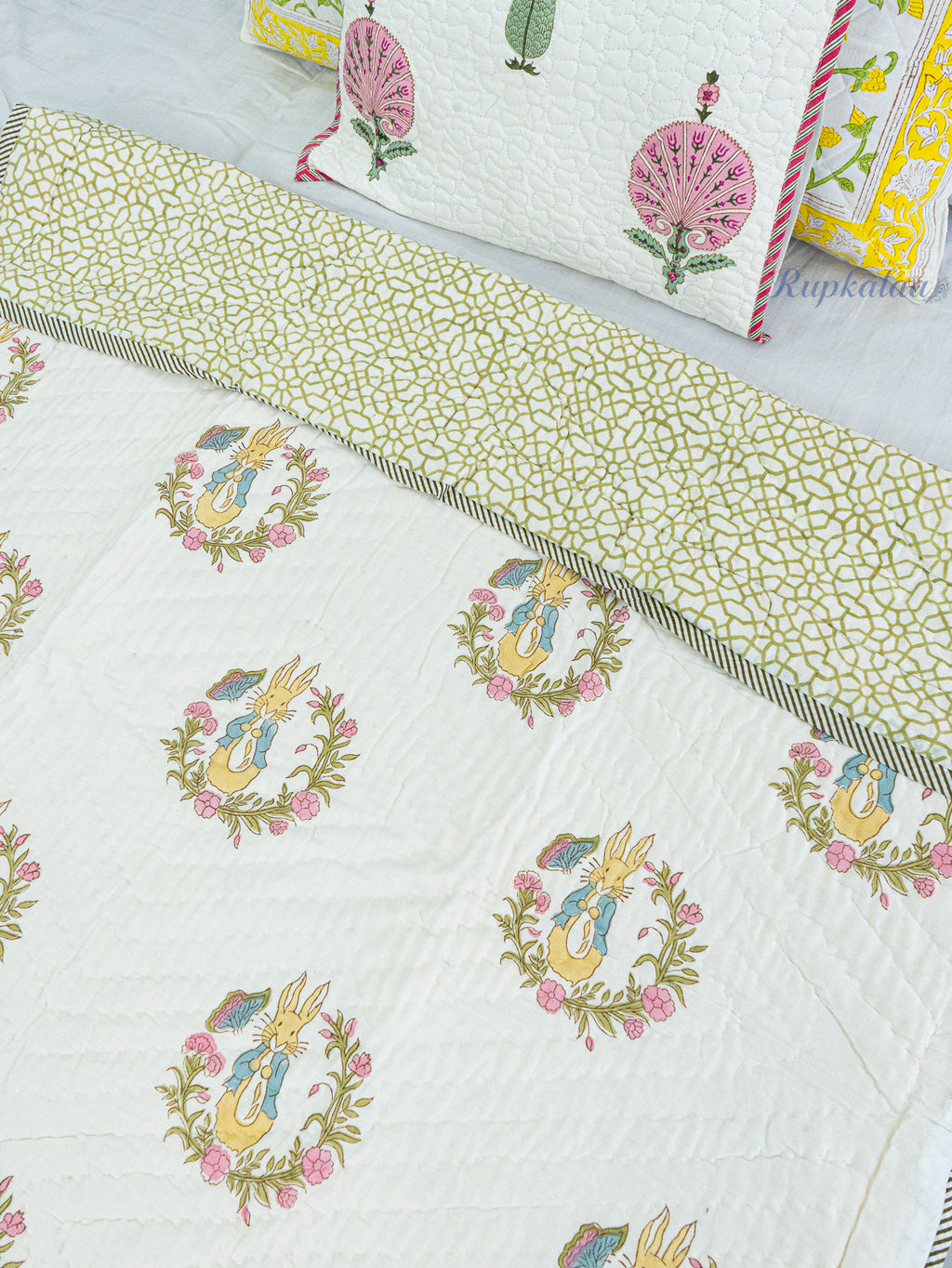 Sleepy Hoppers Hand Block Reversible Mulmul Baby Quilt