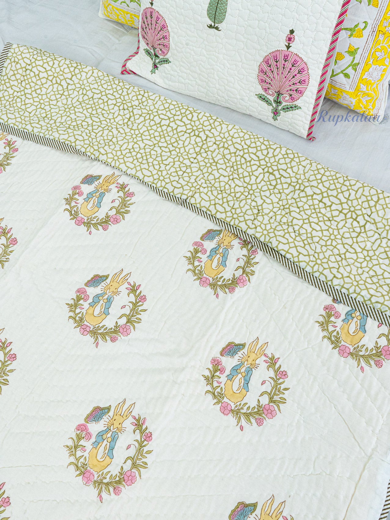 Sleepy Hoppers Hand Block Reversible Mulmul Baby Quilt