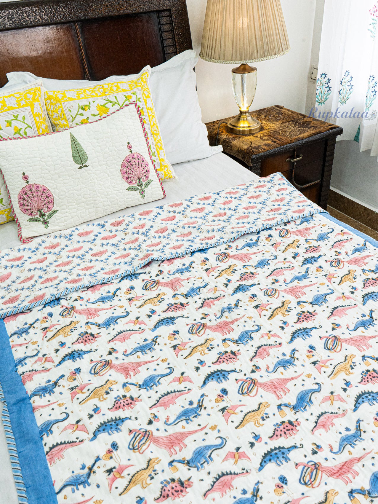 Dino Park Hand Block Reversible Mulmul Baby Quilt