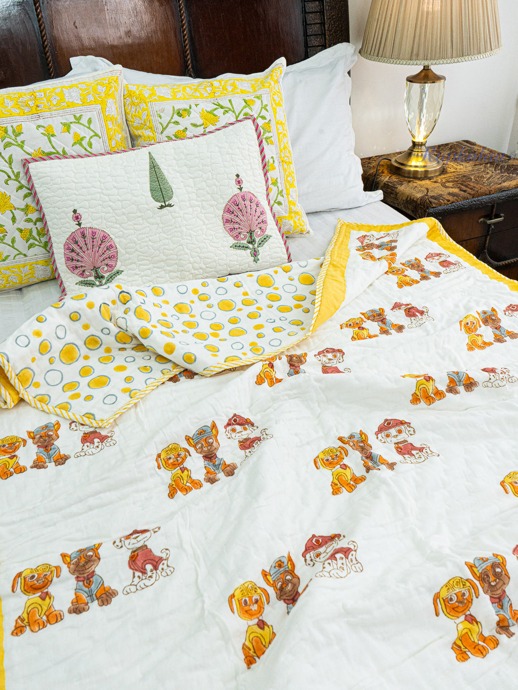Puppers Hand Block Reversible Mulmul Baby Quilt