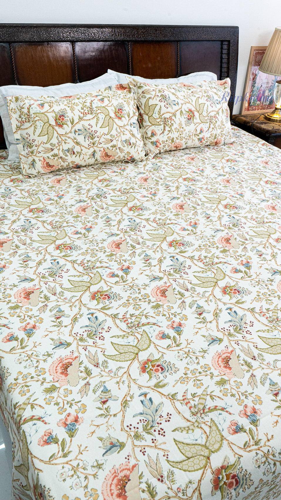 Ivory Garden Cotton Bedsheet with Two Pillow Covers