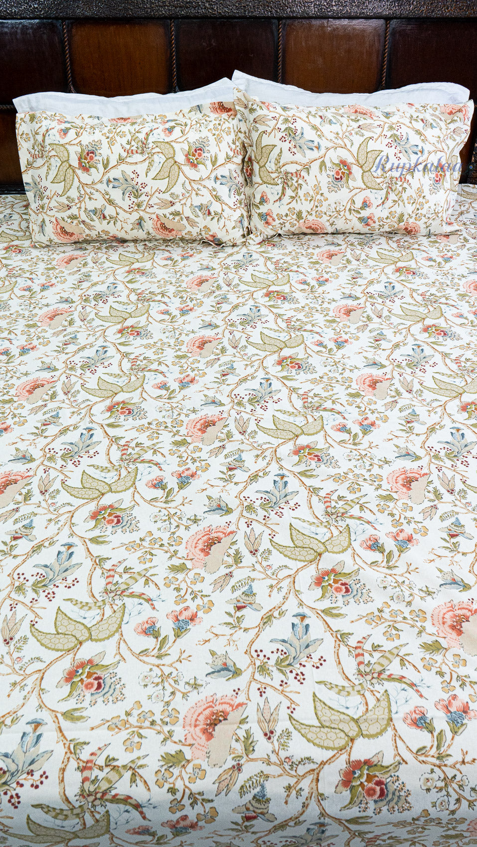 Ivory Garden Cotton Bedsheet with Two Pillow Covers