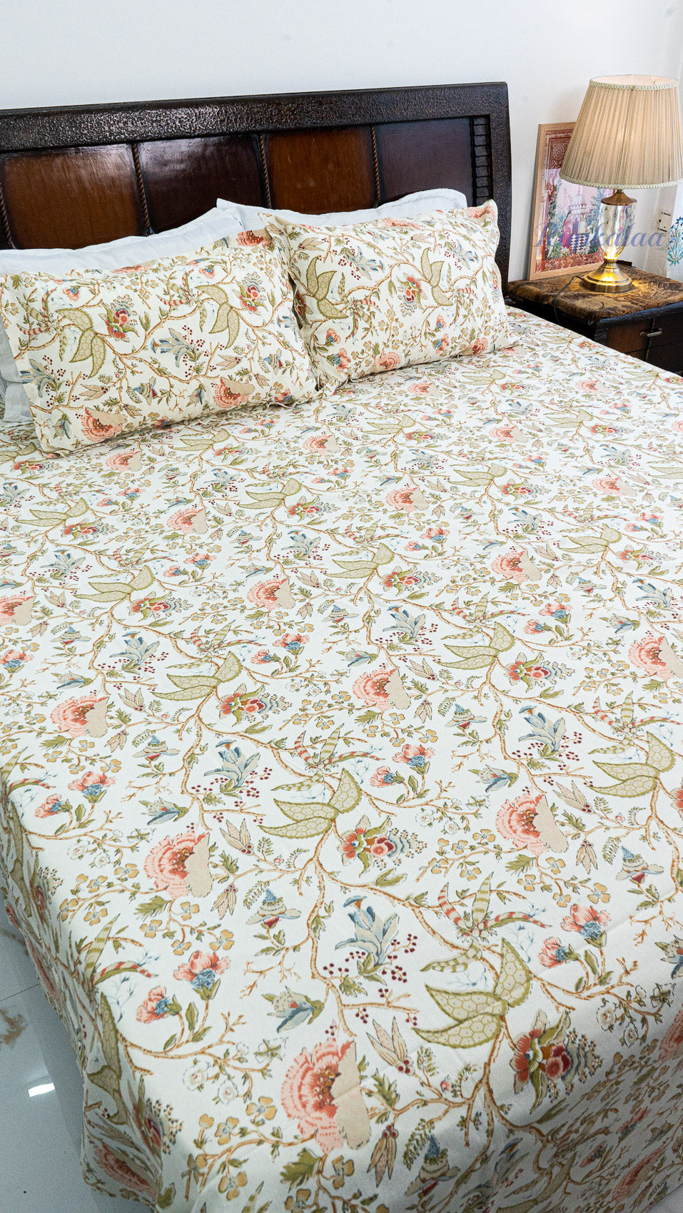 Ivory Garden Cotton Bedsheet with Two Pillow Covers