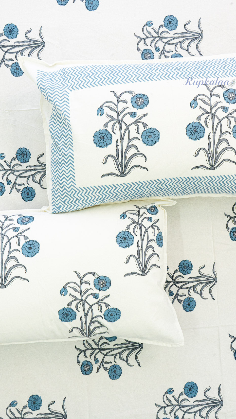 Indigo Poppy Cotton Bedsheet with Two Reversible Pillow Covers