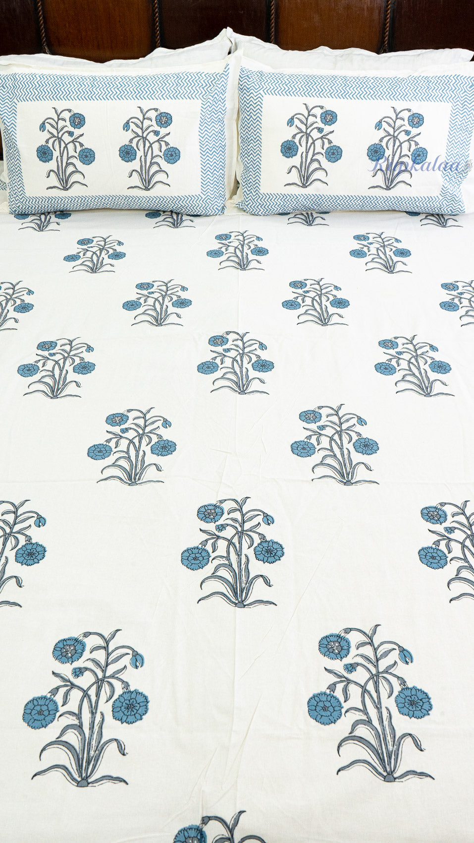 Indigo Poppy Cotton Bedsheet with Two Reversible Pillow Covers