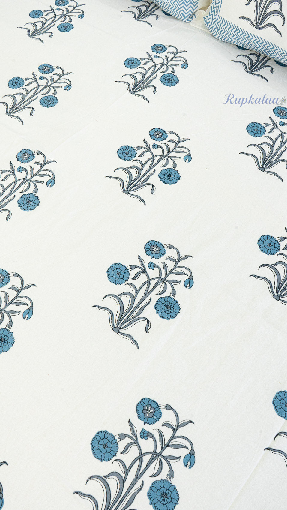 Indigo Poppy Cotton Bedsheet with Two Reversible Pillow Covers