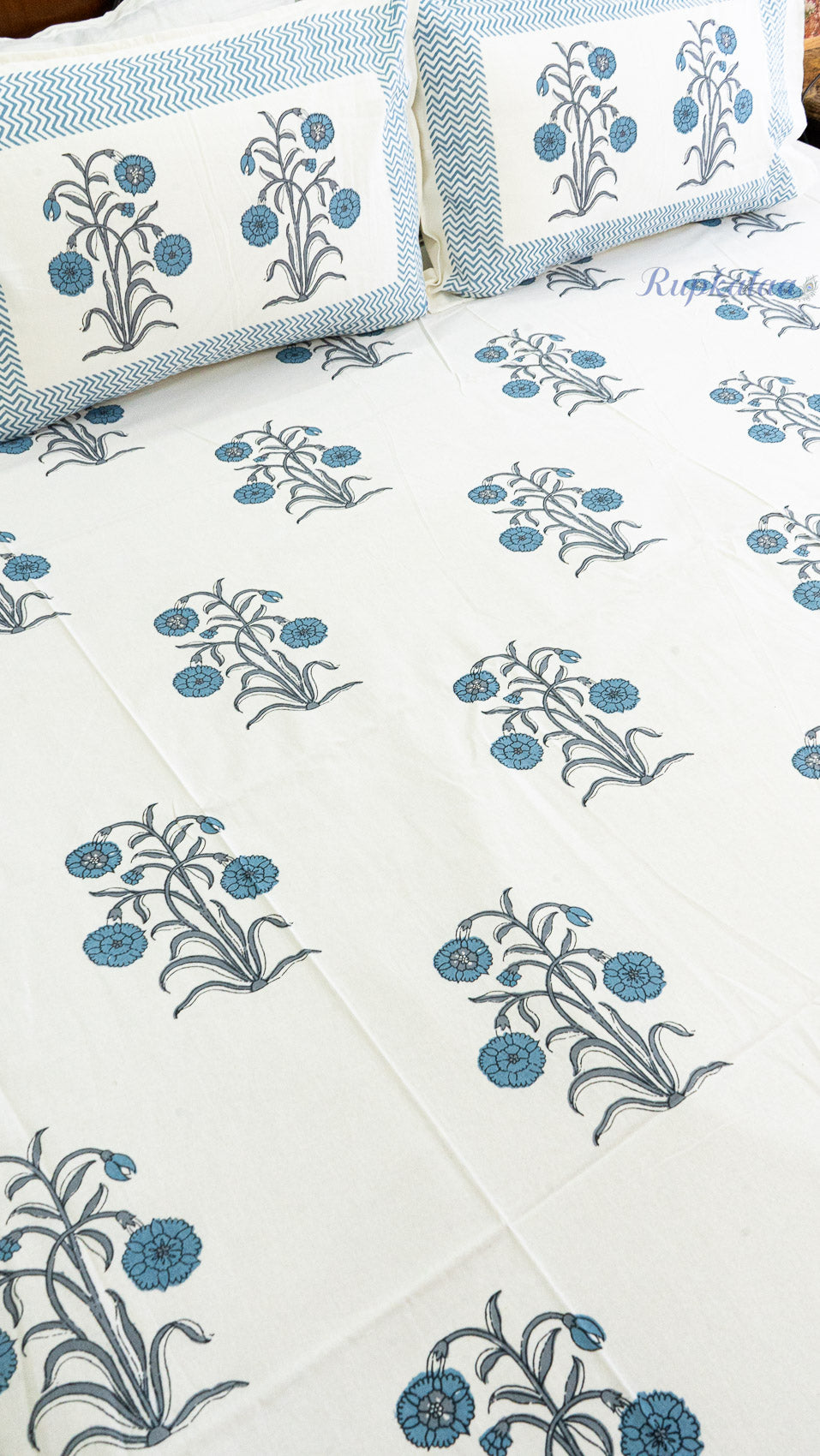 Indigo Poppy Cotton Bedsheet with Two Reversible Pillow Covers
