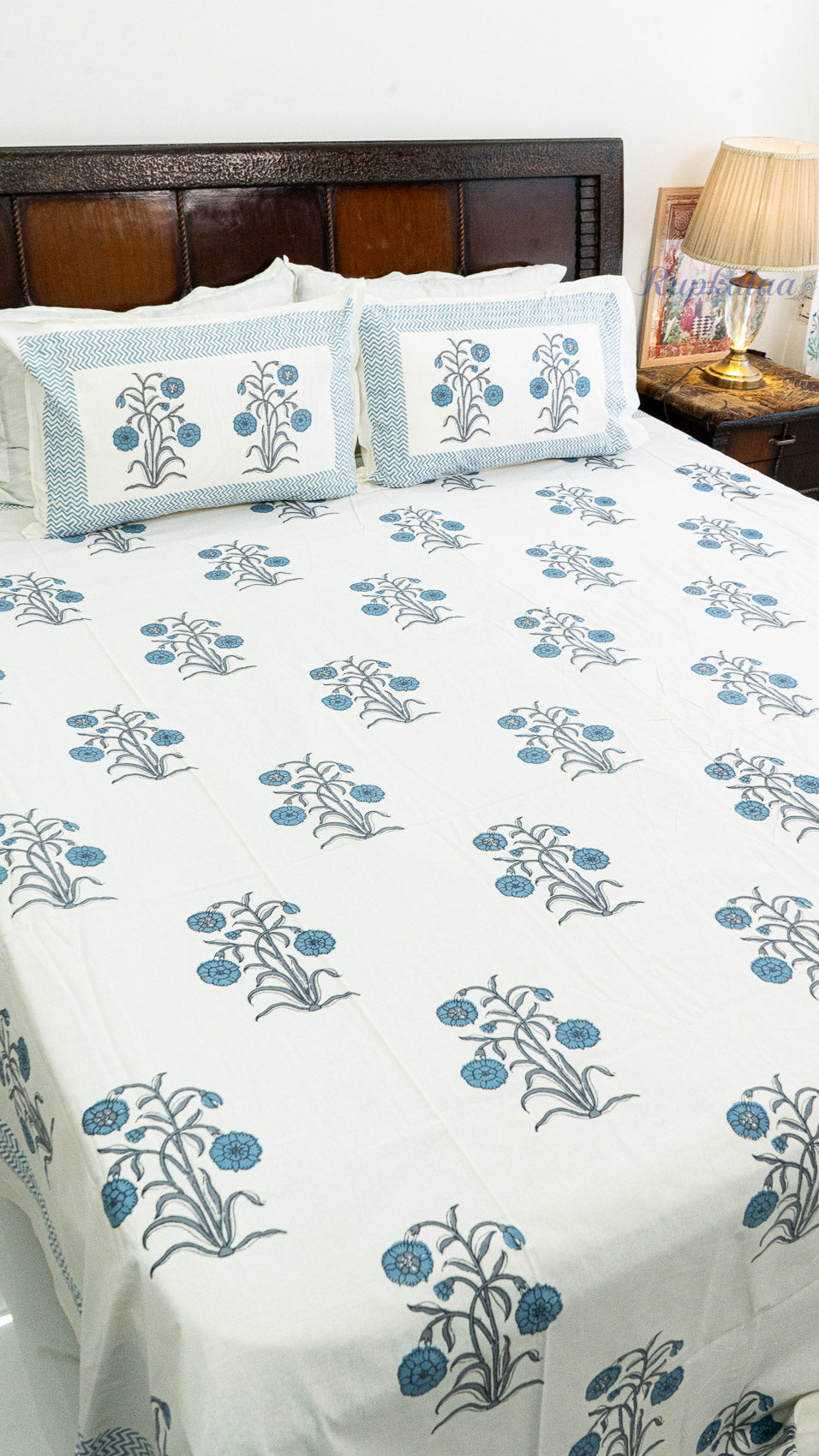 Indigo Poppy Cotton Bedsheet with Two Reversible Pillow Covers