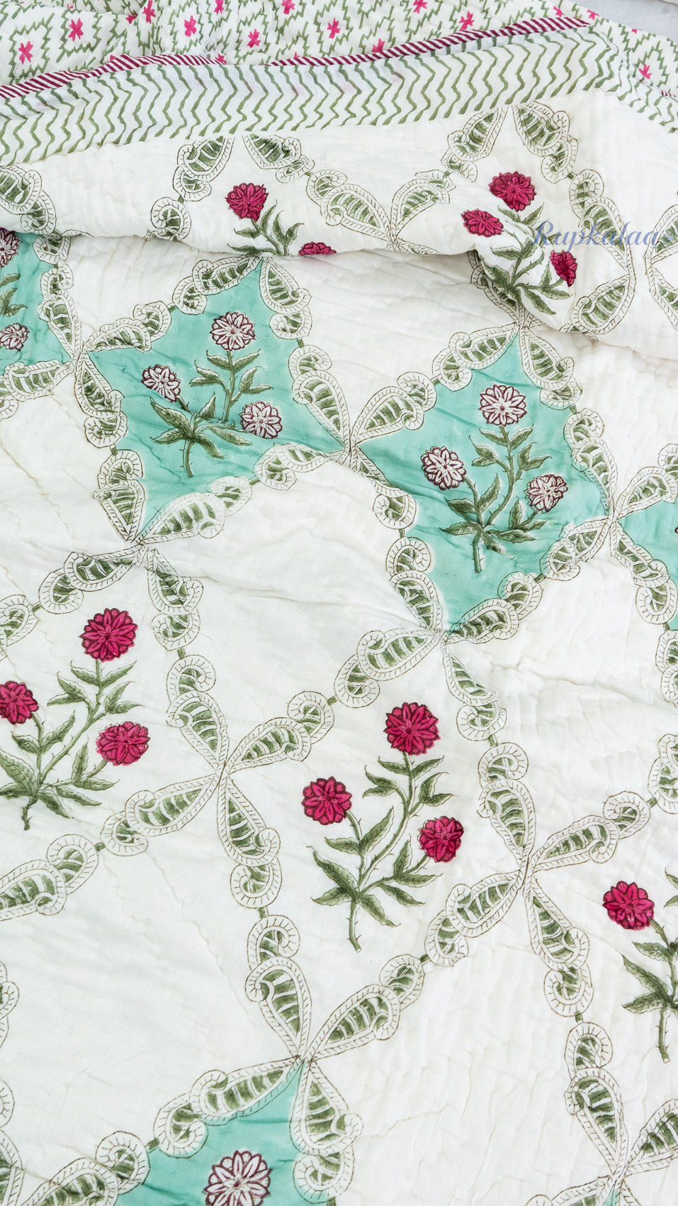 Ocean Drift Handblock Reversible Mulmul Single Quilt